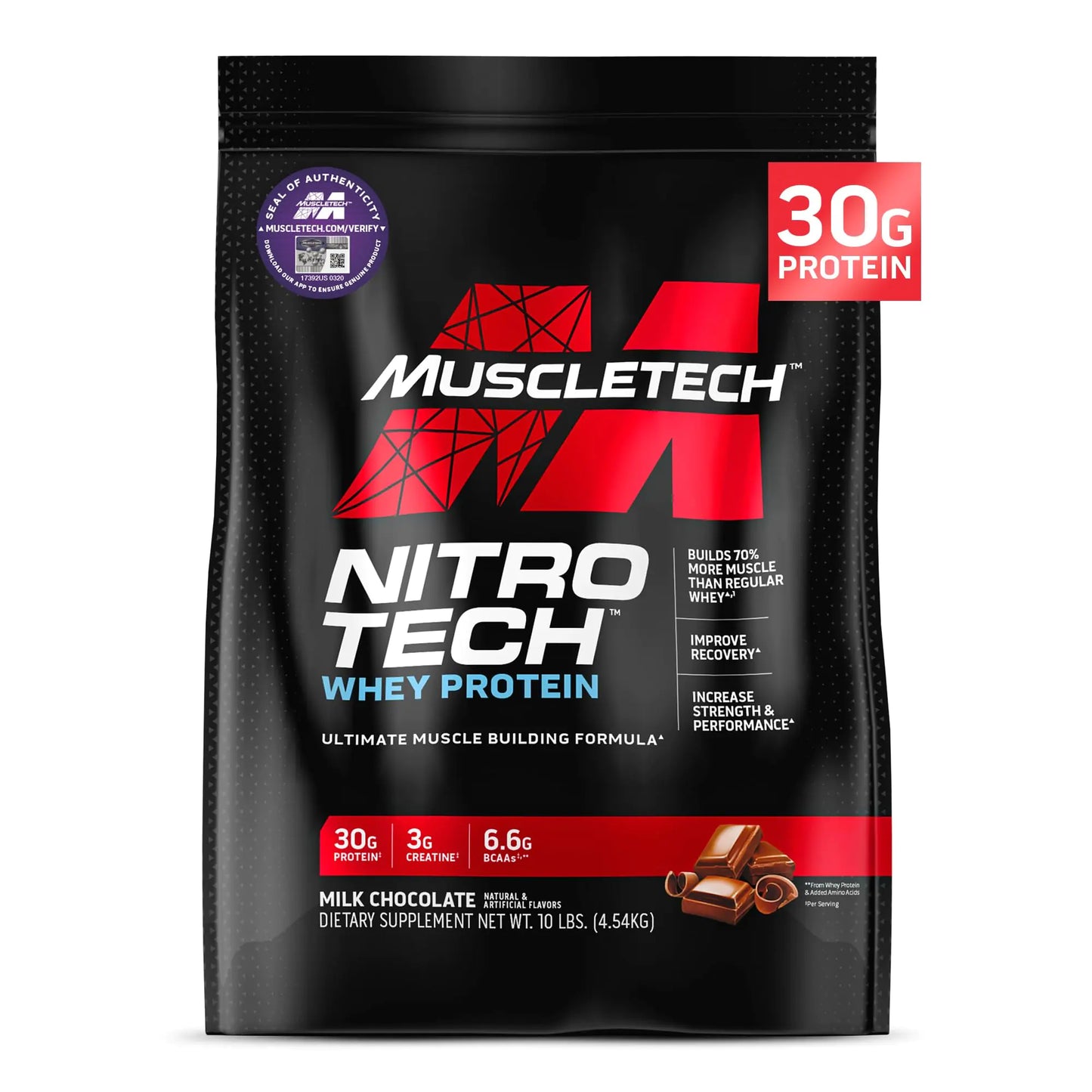 Muscletech Polvo de Proteína de Suero (Chocolate con Leche 10 Libras) - Fórmula para Construcción Muscular Nitro-Tech con Aislado de Proteína de Suero y Péptidos - 30g de Proteína, 3g de Creatina y 6.6g de BCAA
