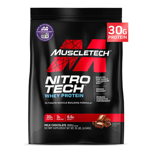 Muscletech Polvo de Proteína de Suero (Chocolate con Leche 10 Libras) - Fórmula para Construcción Muscular Nitro-Tech con Aislado de Proteína de Suero y Péptidos - 30g de Proteína, 3g de Creatina y 6.6g de BCAA